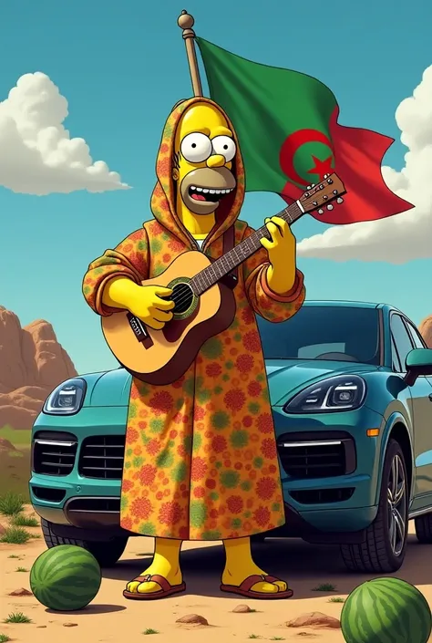 génère-moi Homer Simpson, avec une djellaba et un drapeau de l’Algérie avec un Porsche Cayenne et il écoute Zina avec une guitare et moi une pastèque