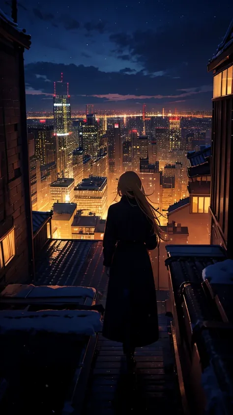 １people々々々々々,Blonde long hair woman，   long coat，       dress silhouette，  Back posture     ，    Anime Style  , Admire the night view of the winter city from the rooftop，