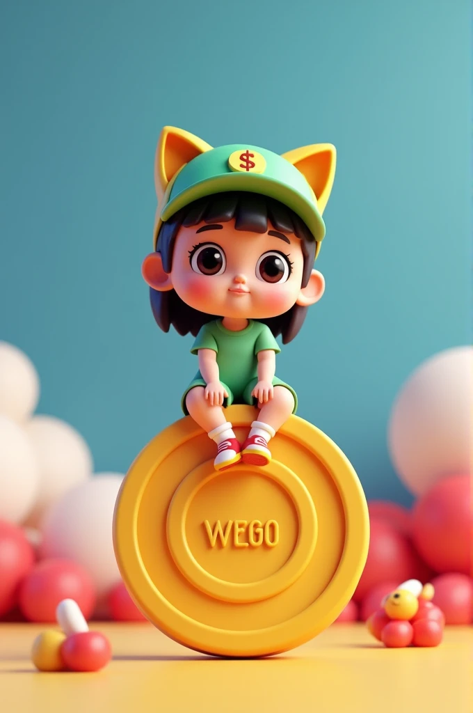 Create a 3D illustration of an Cute animated girl character  sitting
casually on top of  gamble coin "Wego". The character must wear green cat ear cap  and have doller  sign on here eyes
 The background of the image is philippines Flag inspired profile 
wi...