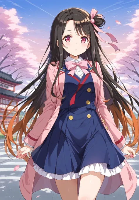 source_Cartoon, Morning Fragrance  ,    deep black hair with red ..很長Target髮, , 超長Target髮,  Pink Eyes, ribbon, Forehead ..ribbon, Kamado Nezuko,,  1 girl in , A brown , Ahead, 頭髮ribbon, common, long hair,  black and red hair  ,  Pink Eyes, ,  pink nails , ...