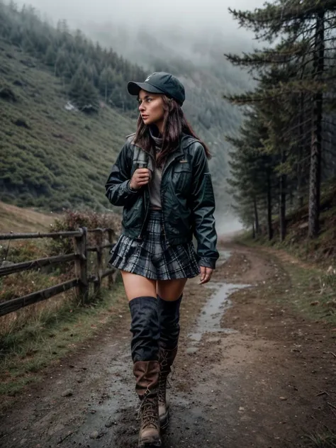 A highly detailed photorealistic image of a beautiful 28-year-old woman with lightly tanned skin and long, dark brown hair tucked into the back of a baseball cap. She is dressed for a misty hike in the Harz mountains, wearing a ((navy-colored)) Barbour jac...