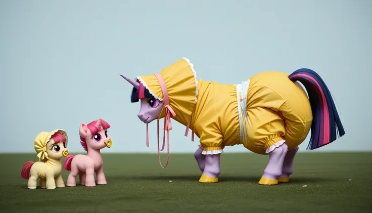 pony unicorn alone , Twilight Sparkle, filly ,  dark blue with a purple strand and a pink strand of mane, gathered in a yellow bonnet,  dark blue with a purple strand and a pink tail,  purple eyes, stands on four hooves, hind hooves are widely spaced, dres...