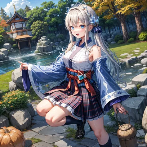 Chestnut Hair、 blue eyes、Hair tied up、Two cute、 plaid mini skirt 、 BLACK T-SHIRT、 Long Sleeve 、kimono、striped high socks、Teeth are visible、lawn、The stone is cracked、Uneven ground、The road is curved、View from above、Large autumn tree、Mountain々、 fence、isolate...