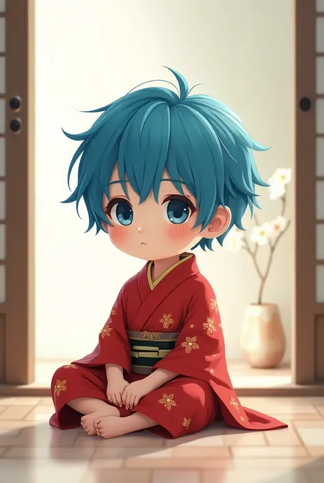 Blue Hair、 1 boy、1 corner、kimono red、Mole under the eye、Chibi