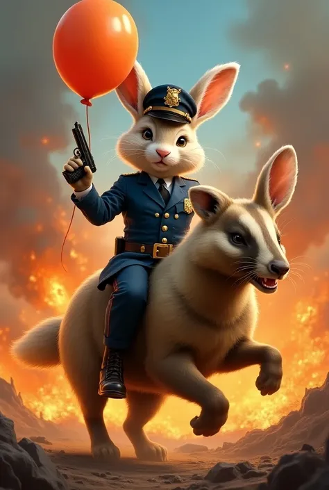  Make a funny birthday bunny in police uniform .  He has a balloon in one hand and a pistol in the other. He rides a honey badger . In the background is lava and explosions. 