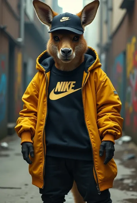 Kangaroo animal with Nike outfit and Nike cap that looks very gangster 