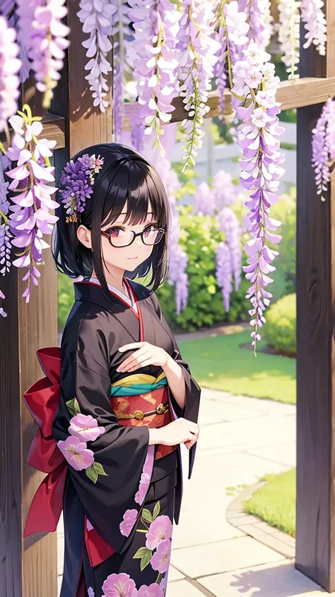 1 woman, Black Hair,Glasses,Japanese Kimono,Wisteria trellis, wisteria flower