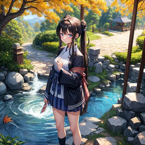 Chestnut Hair、 blue eyes、Hair tied up、Two cute、 plaid mini skirt 、 BLACK T-SHIRT、 Long Sleeve 、kimono、striped high socks、Teeth are visible、lawn、The stone is cracked、Uneven ground、The road is curved、View from above、Large autumn tree、Mountain々、 fence、isolate...