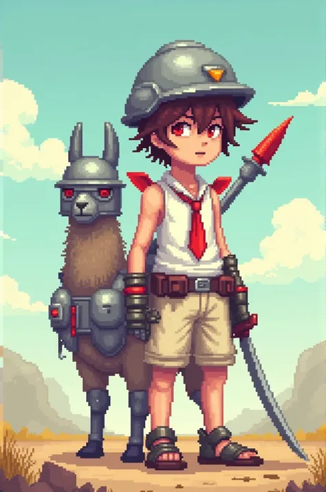 Pixel boy character, character brown messy hair, character wear silver helmet, character wear red tie, character wear white tanktop,character wear cream short pant,character wear tiny red wings, character wear rapier, character wear geta, character red pup...