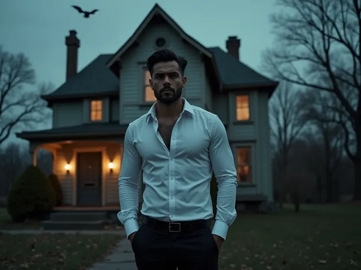 A muscular, handsome and stylish man wearing a white shirt and wearing a black pant and standing outside a dirty, scary and old house with his group of people. Background is night and bats are flying. the man should see the front. The man should see the ca...