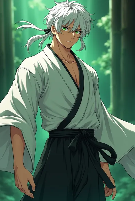 Make a anime 18 year old lean muscle boy character with fair skin white wavy hairs and green serious sleepyeyes wearing a half white fighting kimono gi with black pants in shoenen demon slayer artstyle 