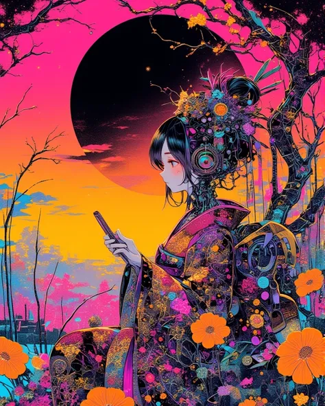  illustrated by Guo Chao style, poster design, in the style of psychedelic color schemes, hyper-detailed illustrations, 16k, Drawing inspiration from architectural elements, fashion, graffiti, dark fantasy, and conceptual art, this mesmerizing piece create...