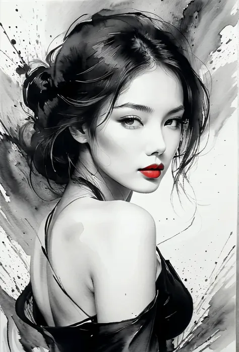 sexy woman, black and white ink painting, pen sketch, soft brush strokes, delicate line drawing with pen, fluid action, subtle i...