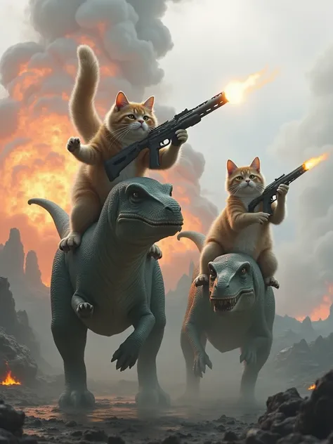 Edit the two cats ,  in the background so that they ride on dinosaurs and shoot into the air with assault rifles.  There are explosions and lava . 