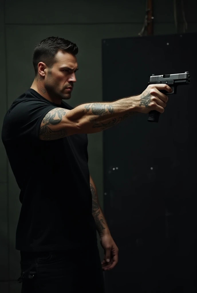 A side shot of a powerful dark-haired tall handsome, not too muscular man wearing a black T-shirt, with tattoo, black boots, fiercely holding a glock pointed out to a target board angrily in a dimly lit room,  