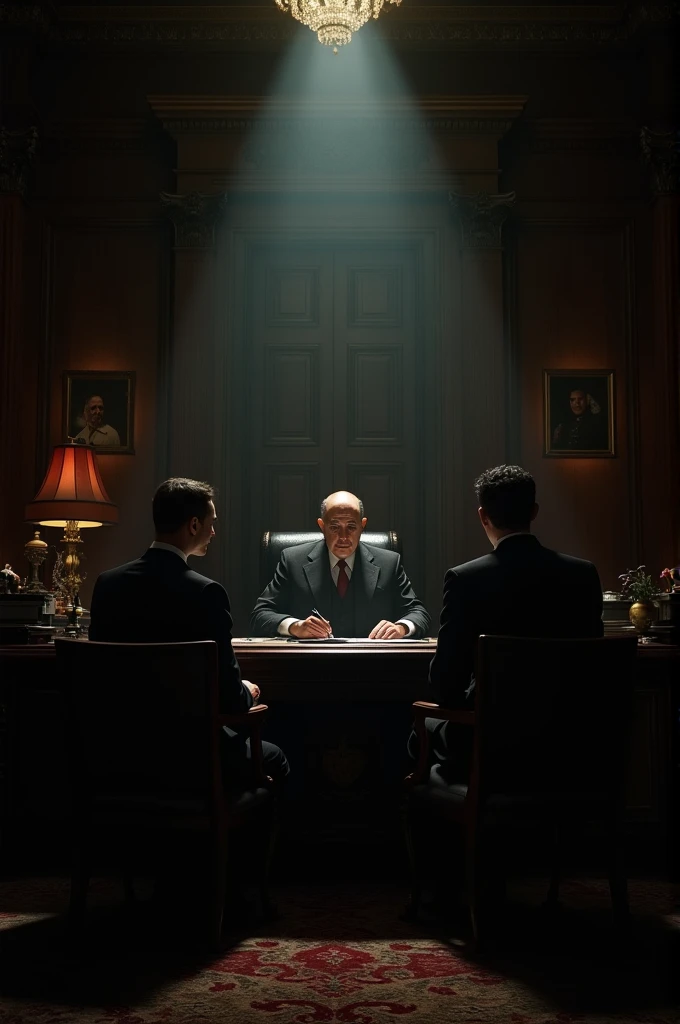 . The Godfather’s Office: A dimly lit scene inside Don Vito Corleones study, where he sits behind a grand desk, surrounded by dark wood paneling and heavy furniture. His figure is partially in shadow, creating an atmosphere of mystery and authority, as he ...