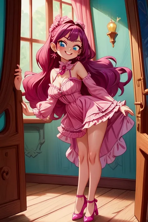 (Masterpiece, best quality) 1 girl, standing indoors with intricate details and sunlight, magenta frilled dress with short neckline, earrings, magenta shoes, green long hair, blue eyes, mischievous smile, teeth showing, diva attitude, sexy pose, coquette, ...