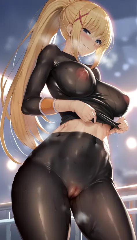 1girl, solo, (masterpiece), best quality, expressive eyes, perfect face, cowboy shot, Darkness Konosuba, blonde hair, ponytail, in a TRAINING semi-transparent black bodysuit, nice ass, wet body, sweat, wearing leggings, spandex, soft breasts, cameltoe, pus...