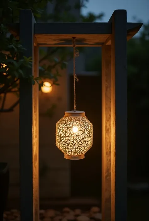 Design a string lantern to hang between 4 fence posts made of concrete
