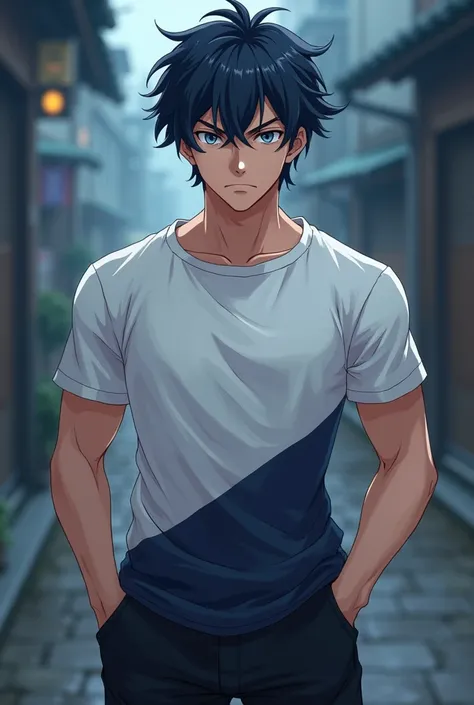 Make a anime 18 year old lean muscle boy character with fair skin black wavy hairs with navy blue tips and grey serious sleepyeyes wearing a half white fighting tshiwith black pants in shoenen demon slayer artstyle 