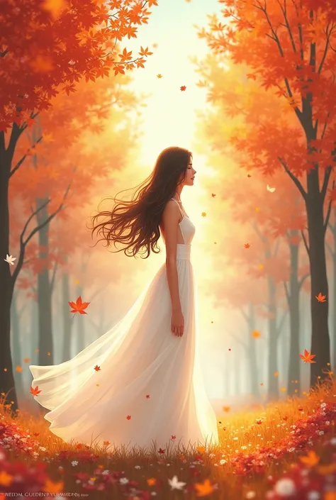  Wedding magazine illustration, girl in a white dress against autumn  