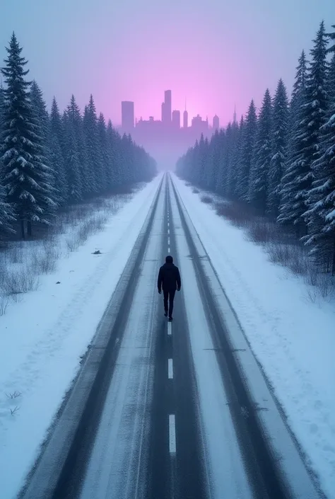 An high aerial view of an abandoned highway in Finnish Lapland during January, surrounded on both sides by a dense, snow-covered forest. The highway stretches out ahead, its asphalt cracked and weathered, with fresh snow covering its surface. A young man i...