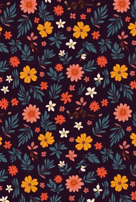 The image is a seamless pattern with a dark purple background. It features a variety of colorful flowers and leaves in different shades of orange, yellow, and white. The flowers are arranged in a symmetrical pattern, with some overlapping each other. The l...