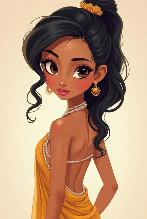 A hot sexy indian girl  white skin and she has sexy hair style animated cartoon image whoes age is 15 full body 