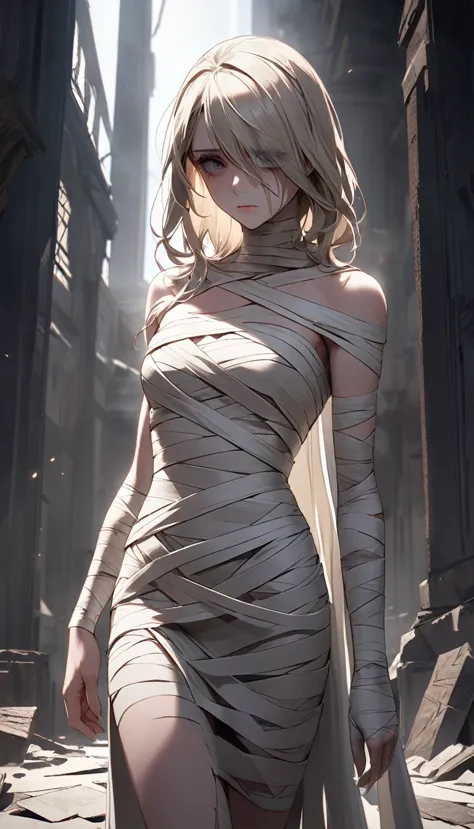 perfect mummy , bandage dress, cinematic production, lifeless eyes, transparent naked eye ,  the aesthetic expression of silence...