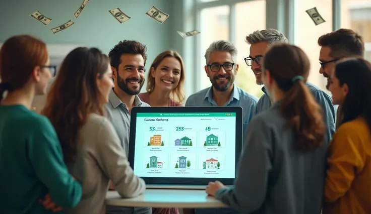 "Create an image of a group of diverse individuals gathered around a digital platform showing real estate crowdfunding opportunities. The screen should display properties with icons representing rental income and property appreciation. Show a few hundred-d...