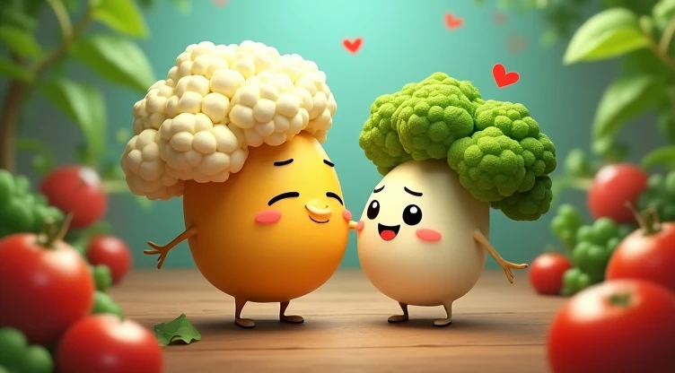 1. Thumbnail title:
 "The Great Veggie Drama: Alu & Phulkopis Love Story!"
 Use a fun, large font for large text, which will grab the audiences attention.


 2. Main Character Image in Thumbnail:

 Potato and Cauliflower: A funny and cute picture of Potato...