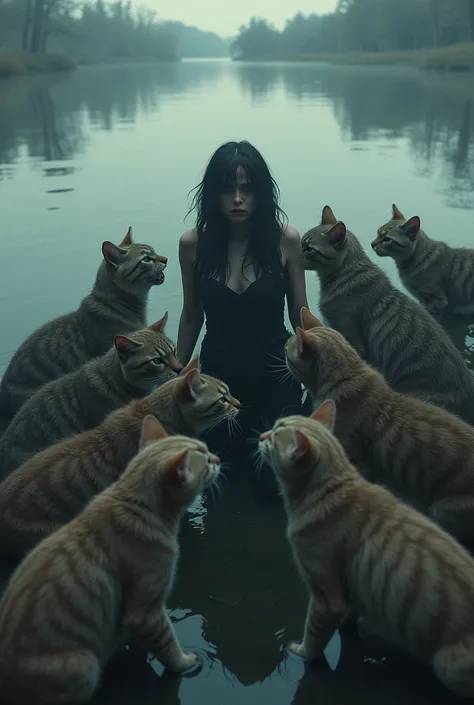 A group of cat attacking a poor women in front of lake