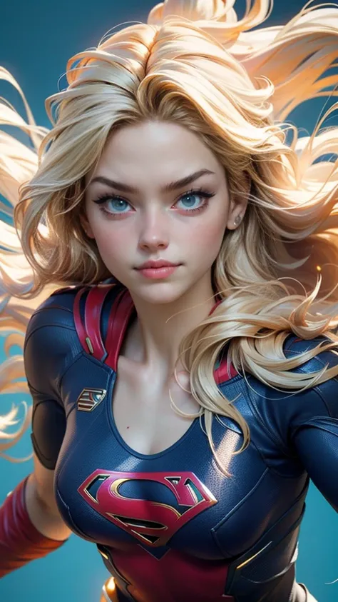 ((best quality,best illumination)), close up portrait of a beautiful model with long blond hair ((flowing in the wind)) and athletic body, wearing Supergirl cosplay, accentuated and highlighted breasts, dynamic flying pose, colorful background, high satura...