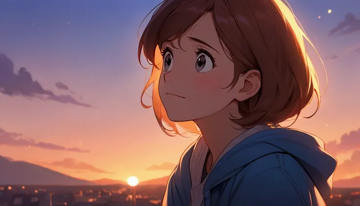 high definition image, estilo disney pixar:  The 30-year-old with a hopeful expression , looking at the sky, with a soft light around. Background with sunset sky .