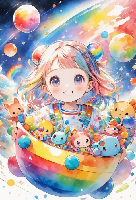  has lots of colorful rainbow balls、Lots of toys in the toy box 、Lots of aliens 、虹色の服を着たアニメのsmileの女性、 partying in space 、smile、 Colorful Illustrations 、Fantastic、Watercolor style、