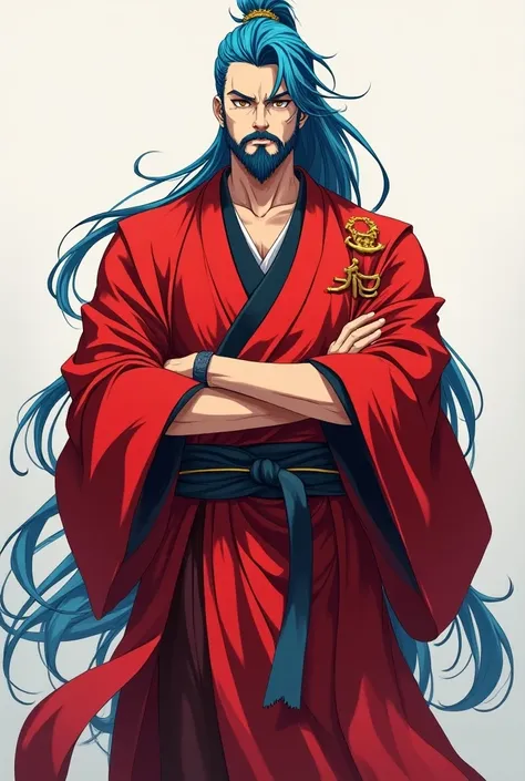  blue hair all back、Beard、male、Kimono red 、Standing、Details、anime