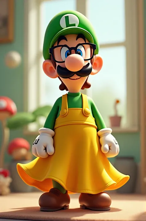 Luigi wears a yellow dress with glasses