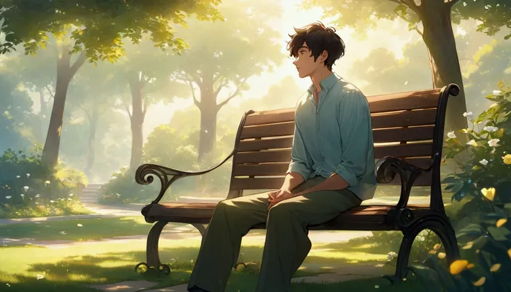 "high definition image, estilo disney pixar: Scene of the young man at peace ,  sitting on an outdoor bench , surrounded by soft light .   Natural background with calm and peaceful colors."

