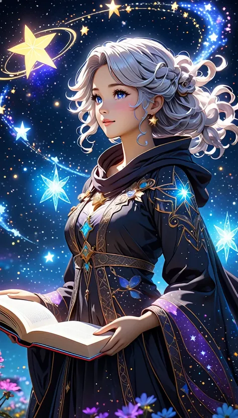 Stella, The Starbound Witch
"4K anime style quality, digital drawing mode, a magical female Starbound Witch with silver hair styled in loose flowing curls, starry black skin, robes adorned with constellations, standing under a night sky with phantoms flyin...