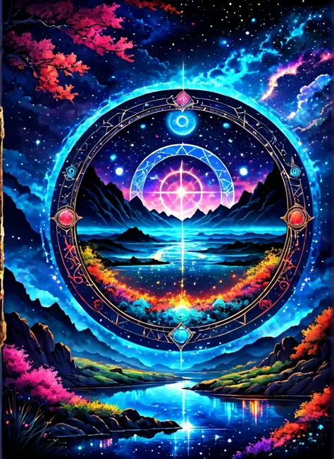 (vivid colors)  Fantastic Landscape,  gorge with a mystical portal mirroring another landscape, symbols and runes , starry sky with black clouds , waning moon,  image filler ,  depth of field , very detailed images of the Cosmic events, dark landscape back...