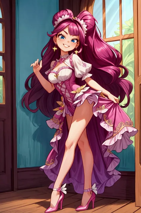 (Masterpiece, best quality) 1 girl, standing indoors with intricate details and sunlight, magenta frilled dress with short neckline, earrings, magenta high heel shoes, green long hair, blue eyes, mischievous smile, teeth showing, diva attitude, sexy pose, ...