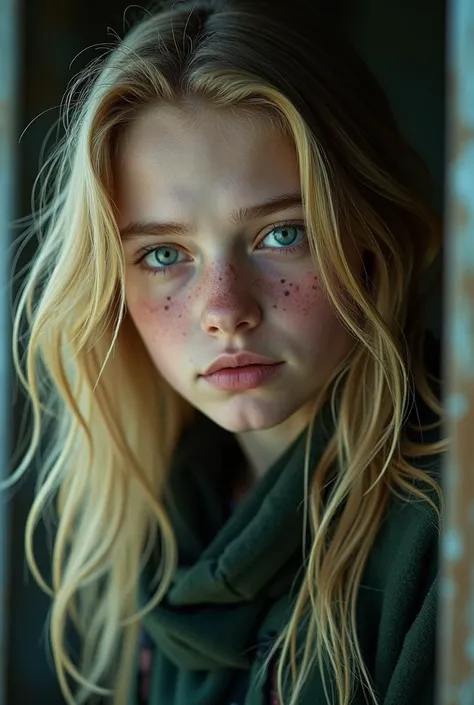 Hyper-realistic portrait of a 19-year-old Finnish teen with long blonde hair, striking green eyes, and a subtle scar on his cheek. He has a rugged, weathered look that reflects his harsh upbringing in a nuclear shelter. His face shows signs of hardship, wi...