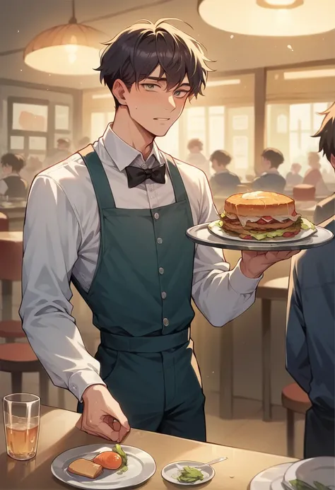 A teenage boy dressed as a waiter, the background is in a restaurant, the waiter is serving a woman by delivering the main course. Like in a hotel.