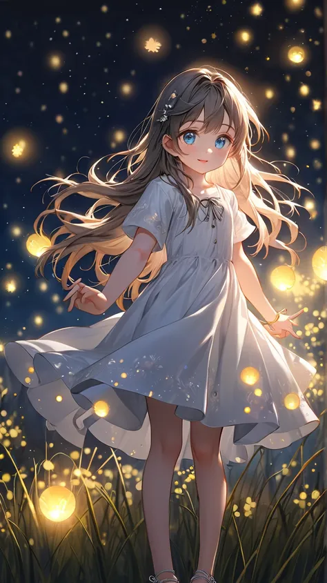 masterpiece:1.2,highest quality, highres, 16k, ultra-realistic:1.37, beautiful detailed, Beautiful girl, Standing in a beautiful posing, gently smile, flowing hair, Night Grassland, fireflies in hands, fireflies on hair, Many fireflies fly around:1.3, Fire...