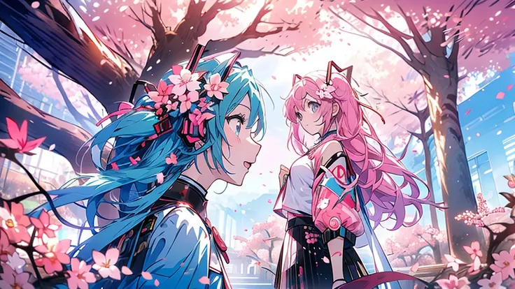 Best Quality、masterpiece、  anime girl 、 Hatsune Miku、 Pink Hair、whole body、cherry hair ornament、Cherry blossom background、