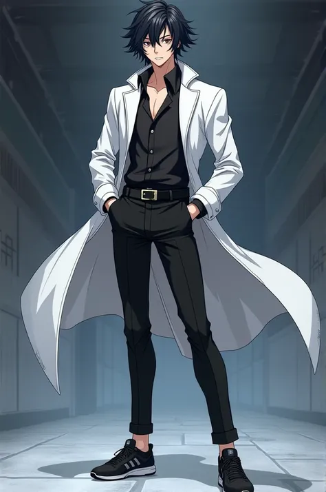 Make a anime 18 year old lean muscle boy character with black wavy hairs and grey galaxy eyes in serious sleepyeyes look wearing a white robe with black pants and black sneakers full body in demon slayer artstyle 