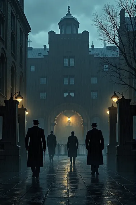 The Family’s Power in New York: A dark, rainy night scene of the Corleone family compound with guards patrolling the grounds, symbolizing the family’s powerful hold over the city and their ever-present need for protection.