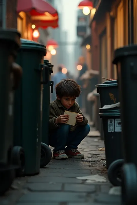 Boy behind the trash cans in the back of a pizzeria opening letters 