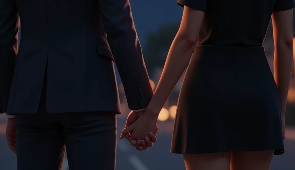 night， Take a back shot of two people holding hands ，Two European and American races ， A boy in a suit holding a girls hand intimately