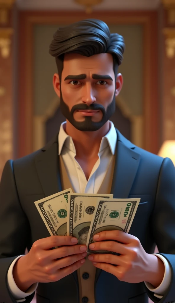 Close up a man hold the 500 hundreds 3 notes in the house 3d animation, wear attractive clothes suits salwar, good figure,